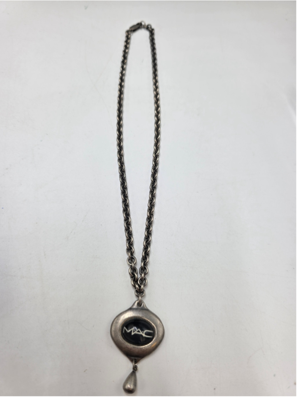 Vintage MAC Cosmetics Logo Pendant Necklace – Pewter Tone Chain–Y2K Collectible - Picture 2 of 7